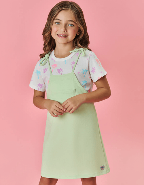 Conjunto Infantil Menina Blusa Coqueiros E Salopete Verde Mundo Cinti