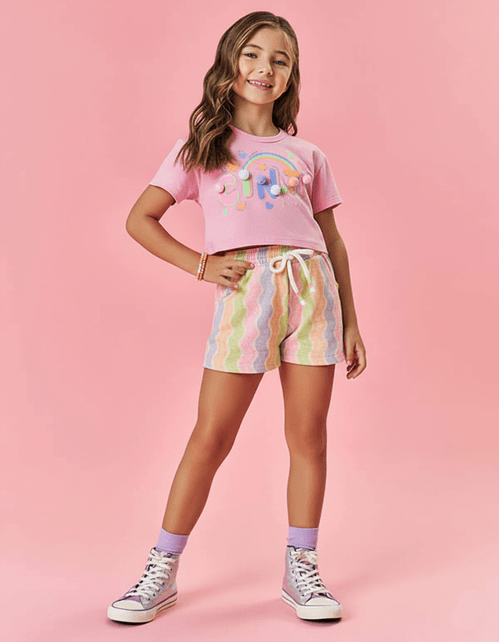 Conjunto Infantil Menina Blusa E Short Arco-Íris Rosa E Lilás Mundo Cinti