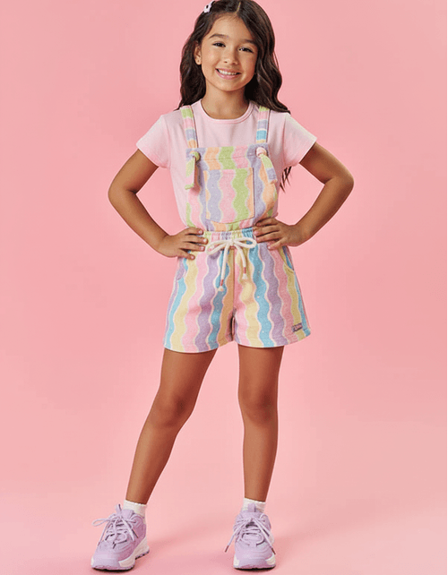 Conjunto Infantil Menina Blusa E Jardineira Arco-Íris Rosa Mundo Cinti