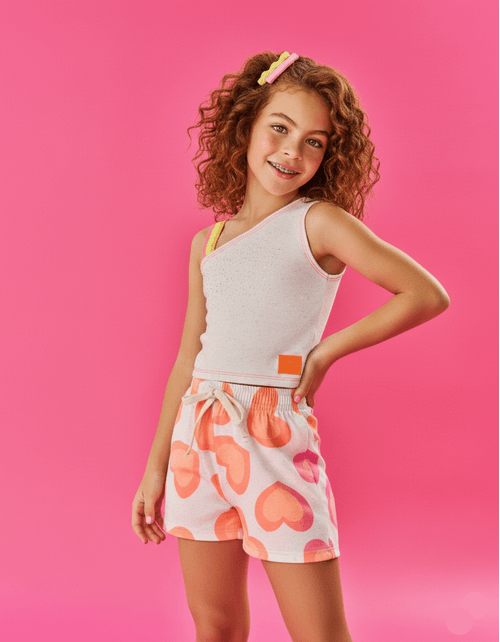 Conjunto Infantil Menina Blusa E Short Corações Off White E Laranja Neon Cinti