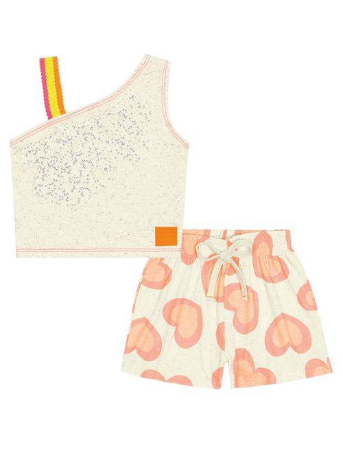 Conjunto Infantil Menina Blusa E Short Corações Off White E Laranja Neon Cinti