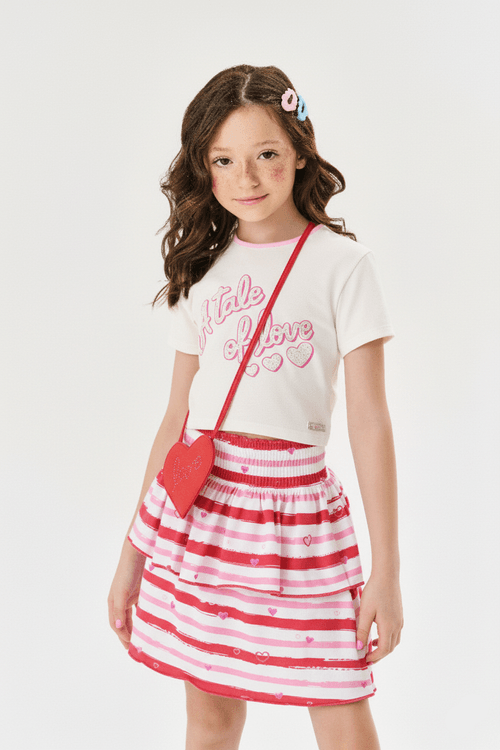 Conjunto Infantil Menina Blusa, Saia-Short E Bolsa Coração Natural E Rosa Cinti