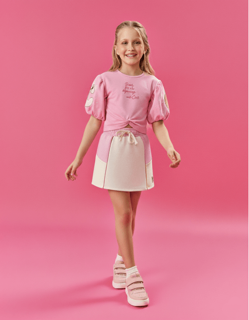 Conjunto Infantil Menina Blusa Cropped E Short-Saia Rosa E Natural Cinti
