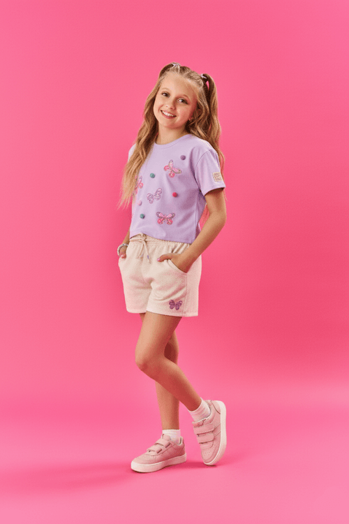 Conjunto Infantil Menina Blusa Boxy E Short  Borboletas E Pompom Lilás E Off White Cinti