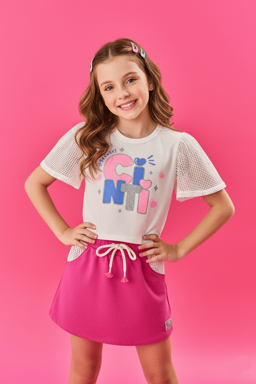 Conjunto Infantil Menina Blusa Cropped E Short-Saia Natural E Rosa Cinti