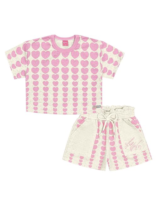 Conjunto Infantil Menina Blusa Cropped E Short Corações Rosa Cinti