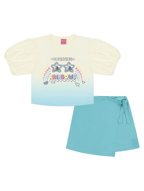 Conjunto Infantil Menina Blusa Cropped E Short-Saia Rainbows Natural E Azul Cinti