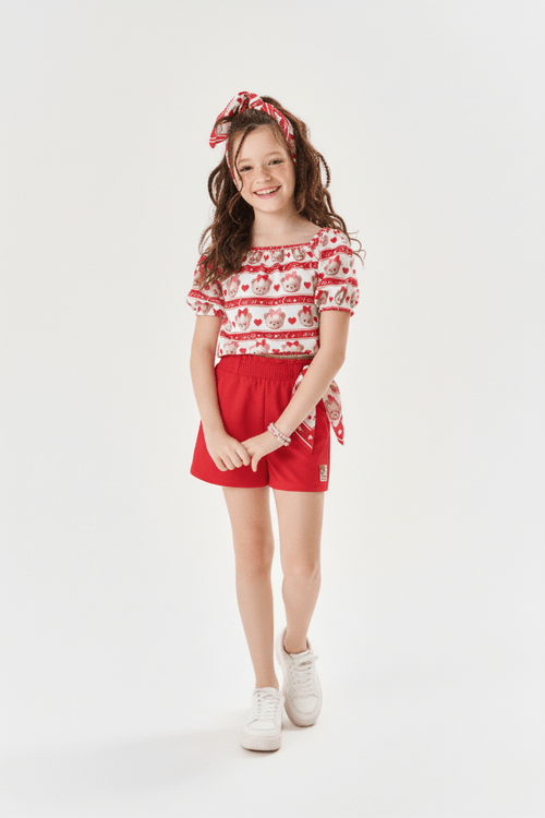 Conjunto Infantil Menina De Blusa E Short Com Lenço Rosa Cinti