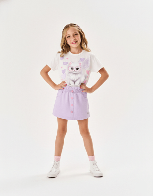 Conjunto Infantil Menina Blusa Boxy Gatinho E Short-Saia Natural E Lilás Cinti