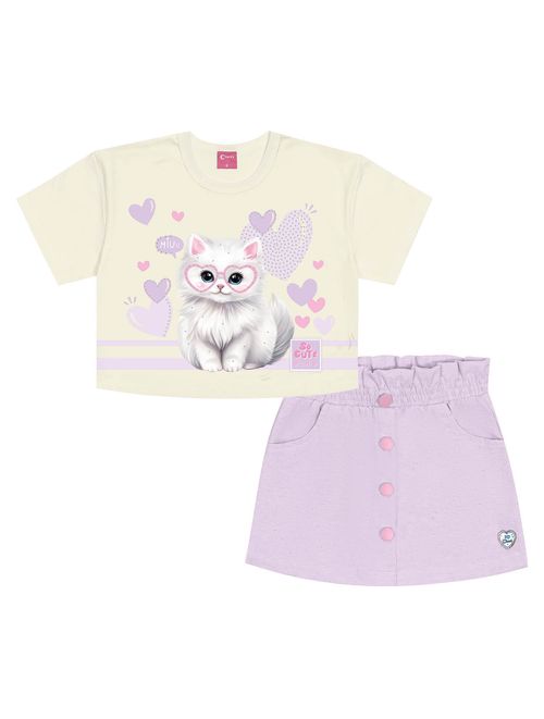 Conjunto Infantil Menina Blusa Boxy Gatinho E Short-Saia Natural E Lilás Cinti