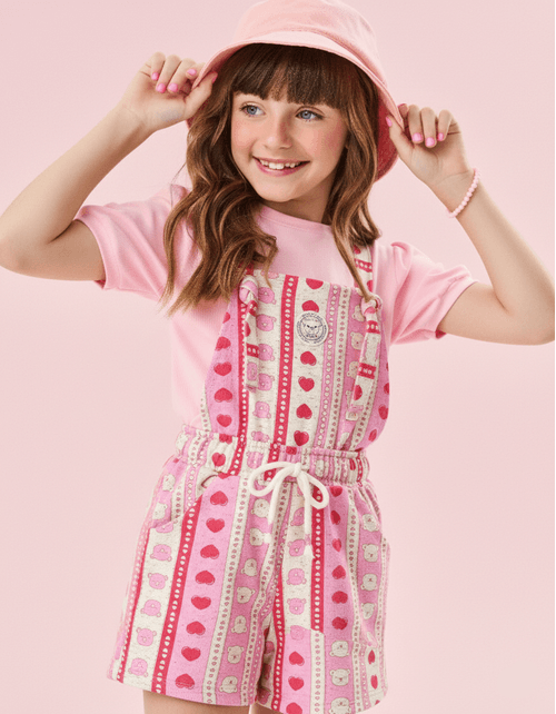 Conjunto Infantil Menina Blusa E Jardineira Ursinho Rosa Cinti