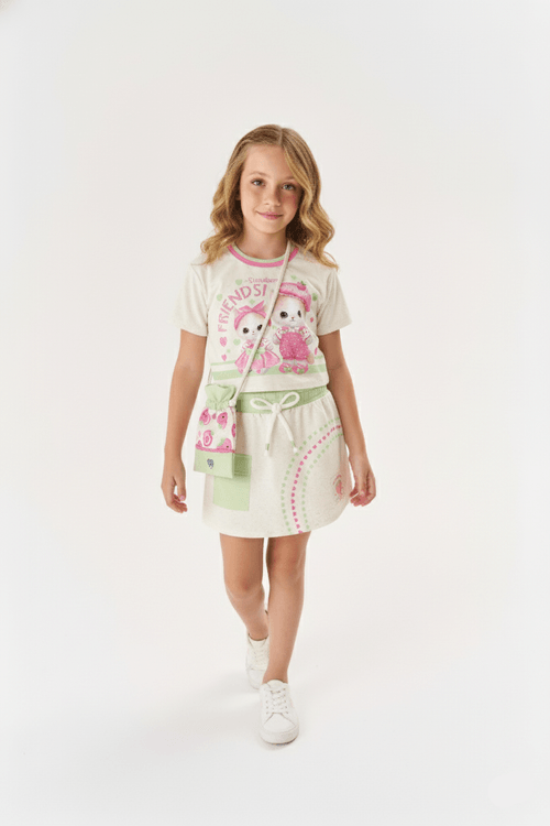Conjunto Infantil Menina Blusa Gatinha, Short-Saia E Bolsa Strawberry Off White E Verde Cinti