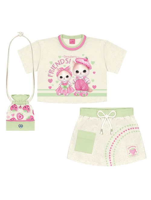 Conjunto Infantil Menina Blusa Gatinha, Short-Saia E Bolsa Strawberry Off White E Verde Cinti