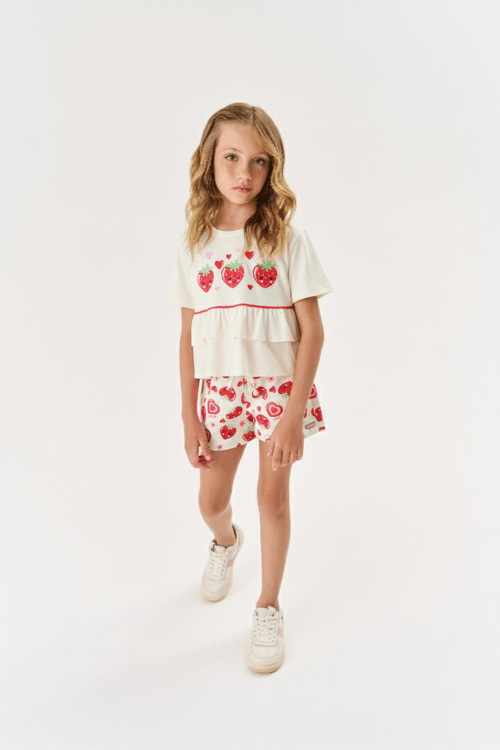Conjunto Infantil Menina Blusa E Short Strawberry Natural E Vermelho Cinti