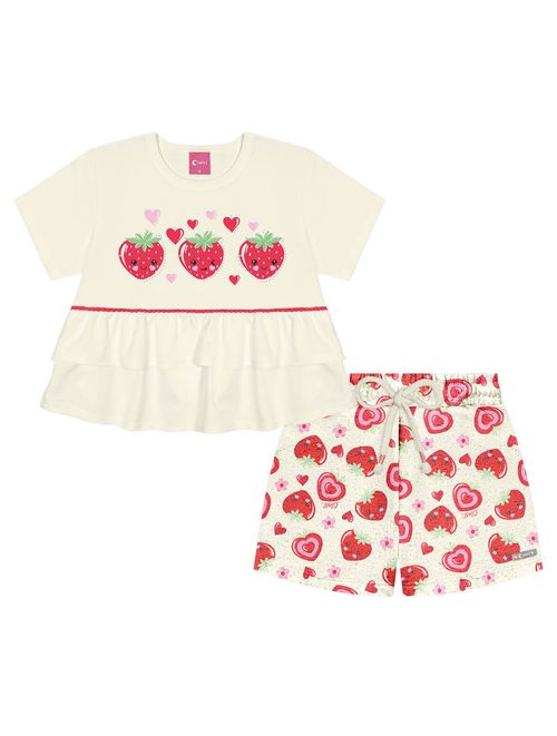 Conjunto Infantil Menina Blusa E Short Strawberry Natural E Vermelho Cinti