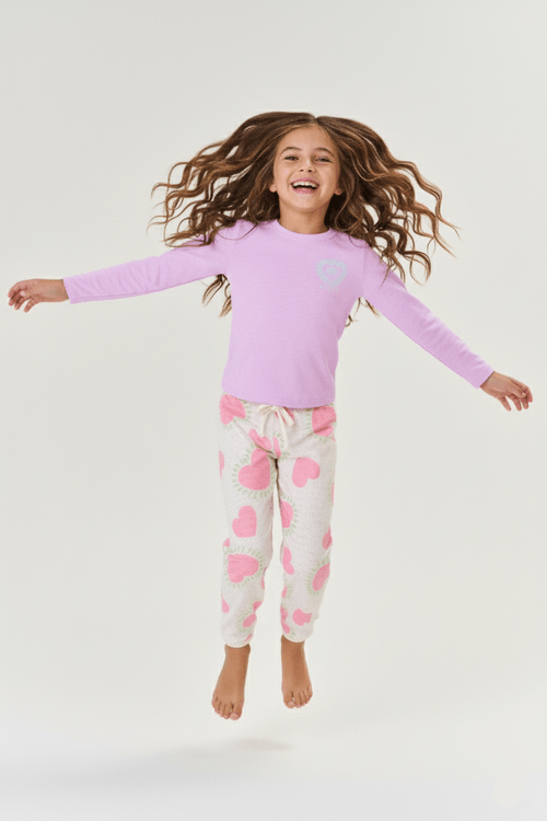 Pijama Infantil Menina Blusa Manga Longa E Calça Corações Lilás Mundo Cinti