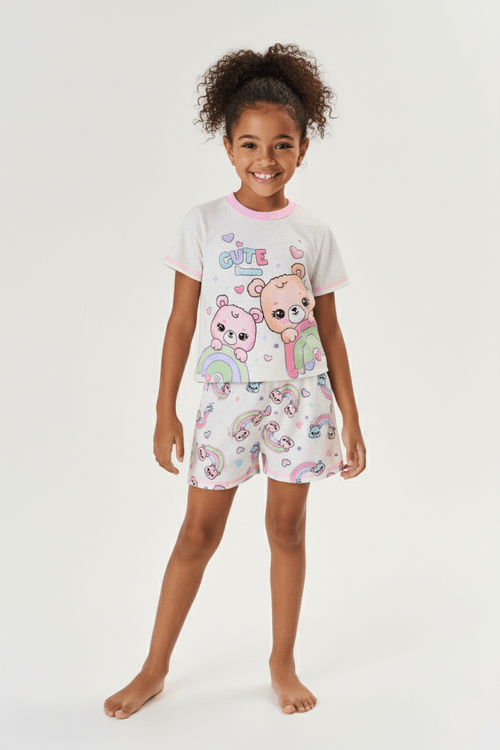 Pijama Infantil Menina Blusa E Short Ursinho Lilás E Off White Mundo Cinti
