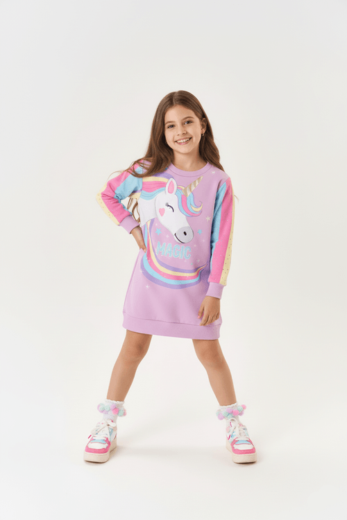 Vestido Infantil Menina Magic Unicórnio Lilás Mundo Cinti
