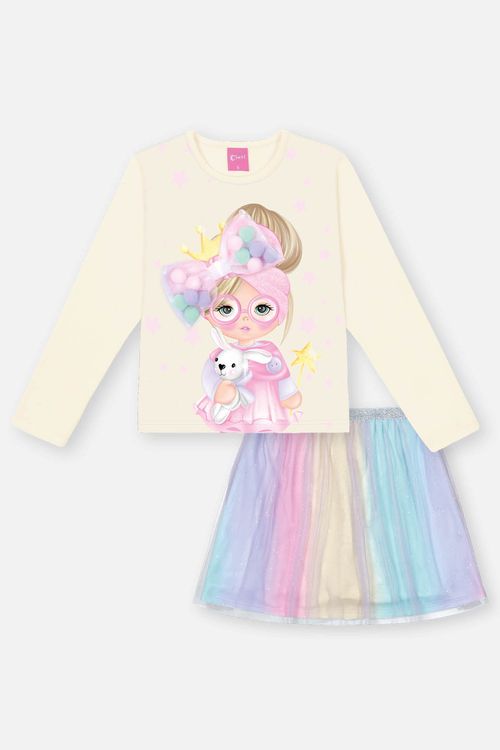 Conjunto Infantil Menina Blusa E Saia-Short Tule Natural Mundo Cinti