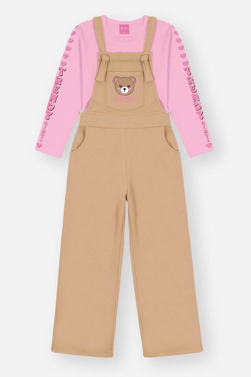 Conjunto Infantil Menina Blusa Trendy E Jardineira Bege Mundo Cinti