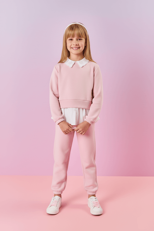 Conjunto Infantil Menina Blusão Com Gola E Calça Rosa Mundo Cinti
