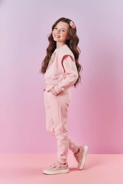 Conjunto Infantil Menina Blusão Ursinho E Calça Rosa Mundo Cinti