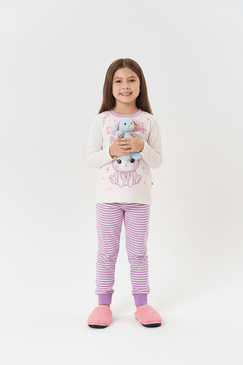 Pijama Infantil Menina Blusa E Calça Listrada Lilás Mundo Cinti