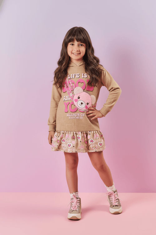 Vestido Infantil Menina Bolsa Bege Mundo Cinti
