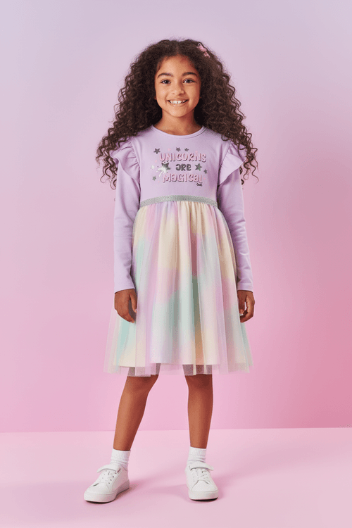 Vestido Infantil Menina Unicorns Are Magical Lilás Mundo Cinti
