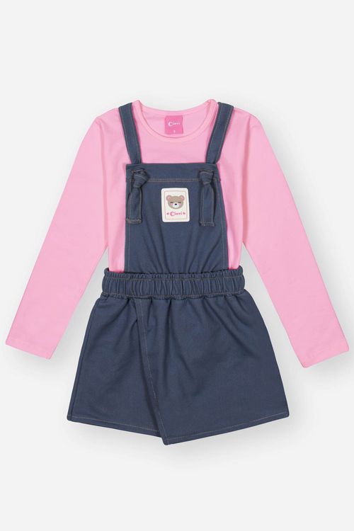 Conjunto Infantil Menina Blusa E Jardineira Rosa E Azul Mundo Cinti