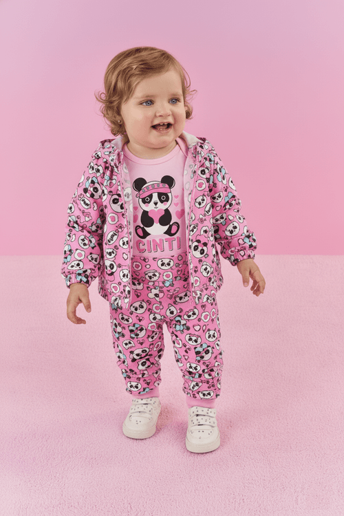Conjunto Bebê Menina Body, Jaqueta E Calça Pandas Rosa Mundo Cinti