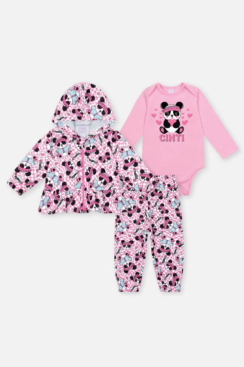 Conjunto Bebê Menina Body, Jaqueta E Calça Pandas Rosa Mundo Cinti
