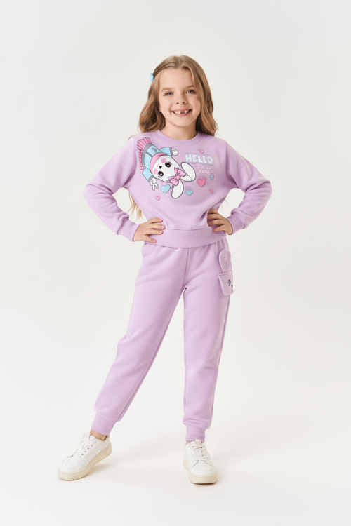 Conjunto Infantil Menina Blusão Hello E Calça Lilás Mundo Cinti