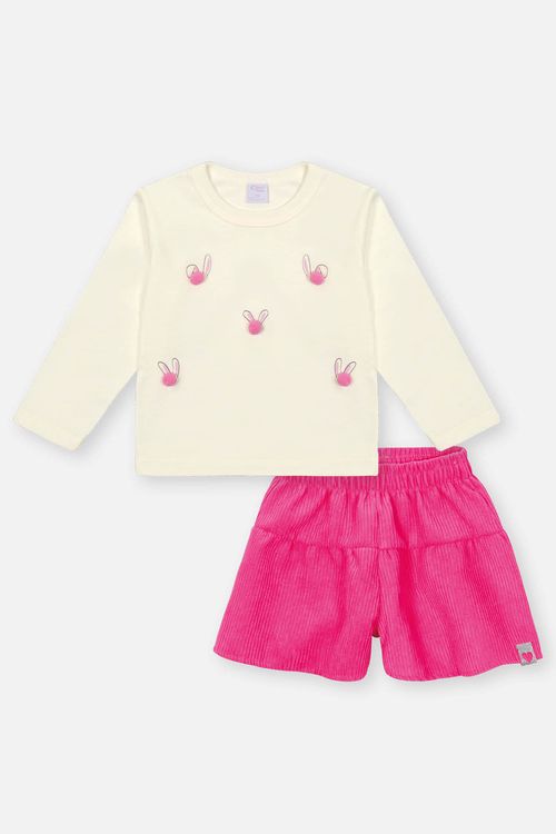Conjunto Bebê Menina Blusa Pompom E Short Rosa Neon Mundo Cinti