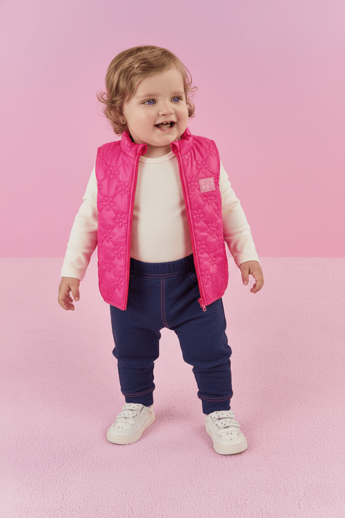 Conjunto Bebê Menina Body, Colete Matelassê E Calça Rosa Neon Mundo Cinti
