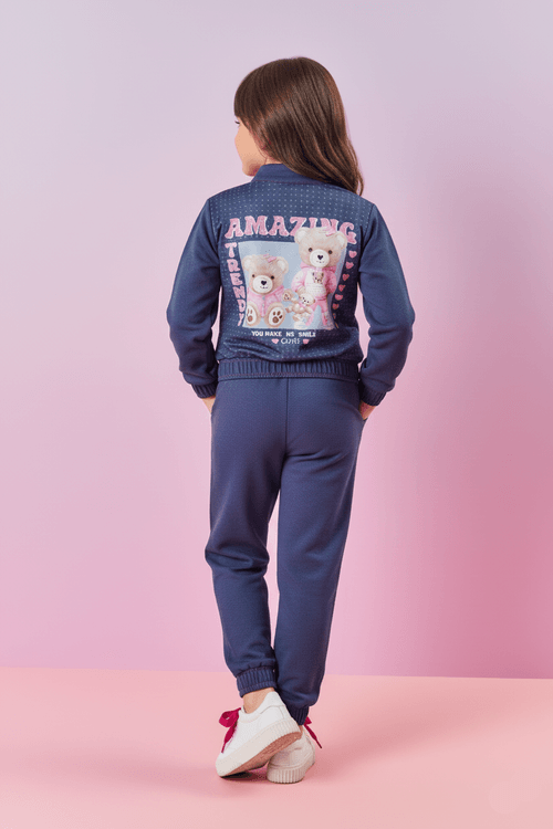 Conjunto Infantil Menina Jaqueta Estampa Costa E Calça Azul Mundo Cinti