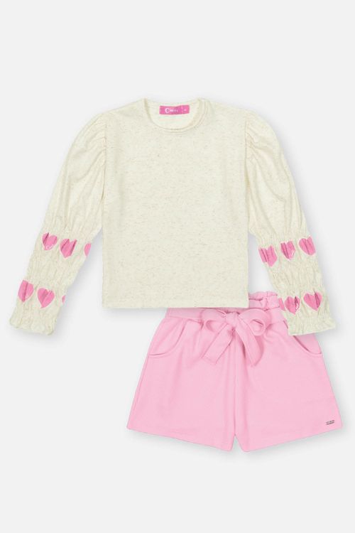 Conjunto Infantil Menina Blusa E Short Corações Rosa Mundo Cinti
