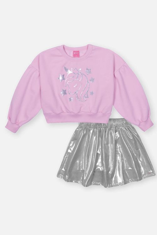 Conjunto Infantil Menina Blusão E Saia-Short Holográfico Lilás Mundo Cinti