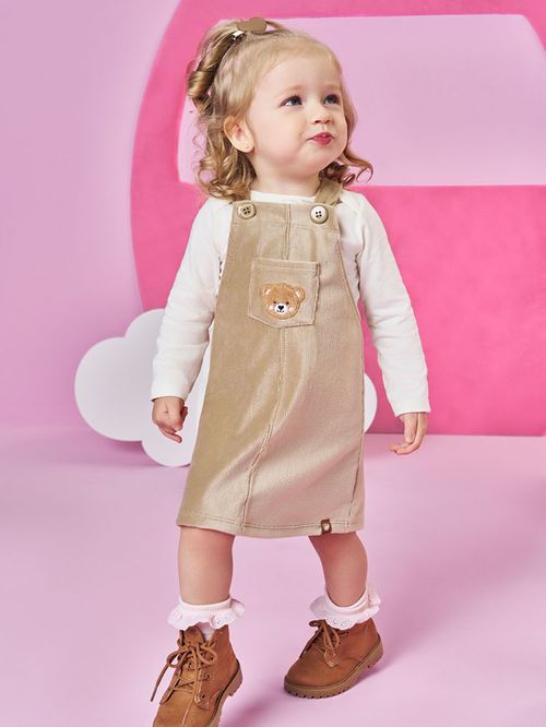 Conjunto Cotelê Bebê Menina Ursa Bordada Mundo Cinti