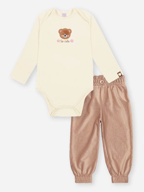 Conjunto em Cotelê Bebê Menina Ursa Bordado Mundo Cinti