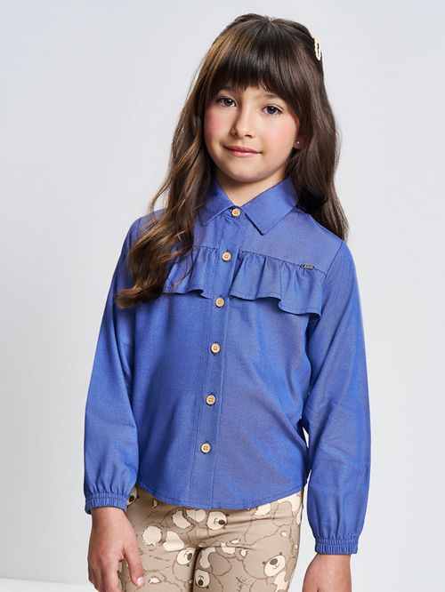 Camisa em Tricoline Infantil Menina Azul Mundo Cinti