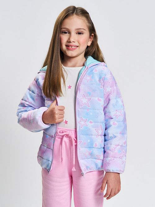 Jaqueta Puffer Infantil Menina Estrelas Azul Mundo Cinti