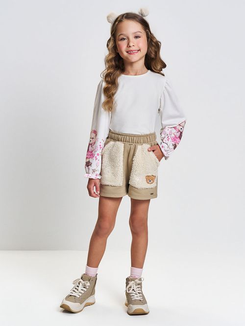 Conjunto Infantil Menina Floral Ursinha Bege Mundo Cinti
