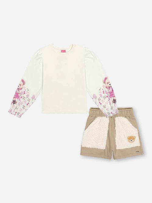 Conjunto Infantil Menina Floral Ursinha Bege Mundo Cinti