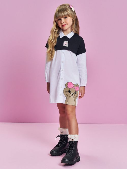 Vestido Menina com Sobreposição Ursa Branco Mundo Cinti
