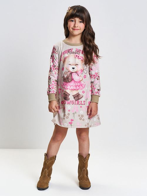 Vestido Menina com Mochila Ursa HOWDY Mundo Cinti RS JELLY/BG AREIA