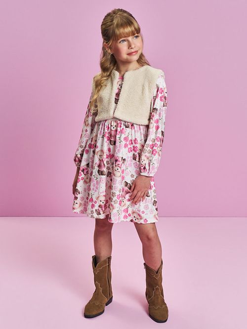 Vestido com Colete Menina Floral Ursa Mundo Cinti