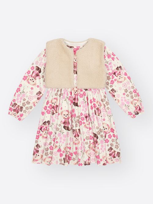Vestido com Colete Menina Floral Ursa Mundo Cinti
