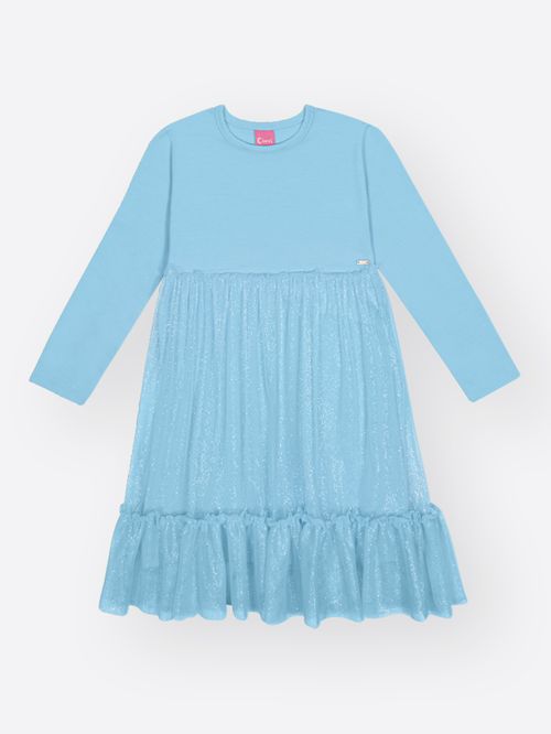 Vestido Menina em Cotton e Tule Fóil Mundo Cinti