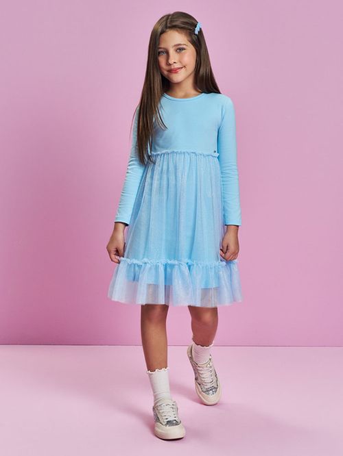 Vestido Menina em Cotton e Tule Fóil Mundo Cinti